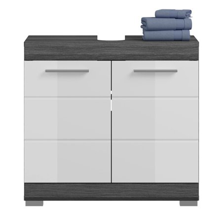 Rootz Scout -kylpyhuonekaappi - Puumateriaali - Valkoinen kiiltävä etuosa - savustettu hopea runko - moderni muotoilu - 60 cm x 56 cm x 34 cm