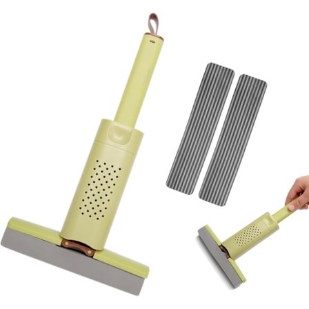 Bærbar Mini Mopp med 3 Moppehoder Svampmopp Håndfri Håndvaskbar Spinnfunksjon for Benkeplate Kjøkken og Bad