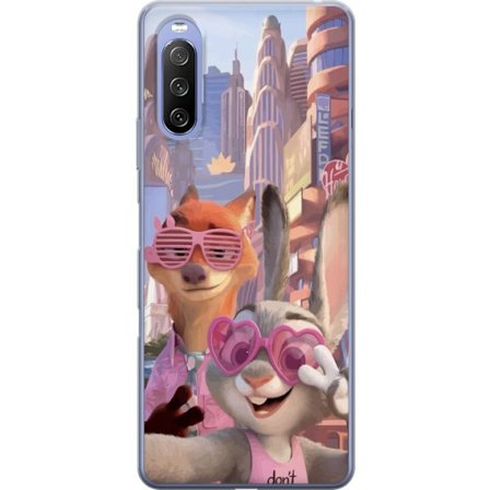 Yhteensopiva Puhelinkuori Sony Sony Xperia 10 III Animoituja eläimiä aurinkoisessa kaupunkiympäristössä, joilla on pinkit aurinkolasit ja positii