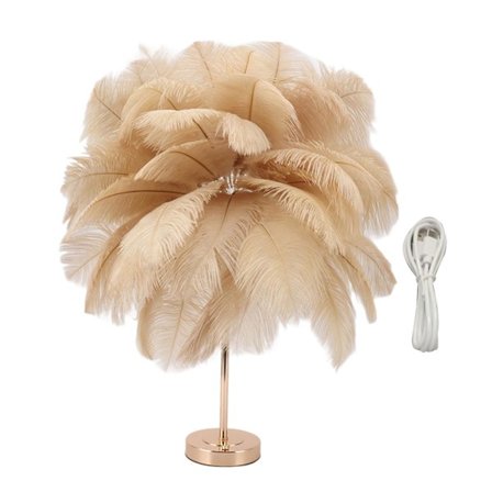 Bordlampe med strutsfjær, oppladbar, moderne, romantisk dekorasjonslampe, soveromslampe, nattbordslampe for hjemmedekorasjon