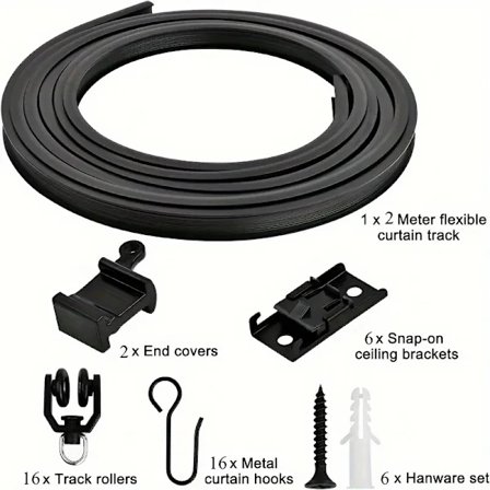 Flexibel böjbar gardinstång för tak, vägg, svart, böjd, tung, RV-glidgardinskena, rumsavdelare