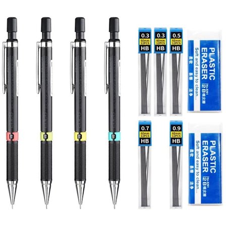 Lyijytäytekynäsarja, 0,3 0,5 0,7 0,9 mm HB Lyijytäytekynä Automaattinen kynä Stylus-kynä Arkkitehtuuri Lyijytäytekynä pyyhekumilla