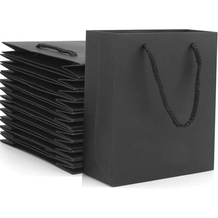 [QD] Små presentpåsar, 15 st kraft svarta papperspåsar för presenter, svarta festpåsar 12 x 5,7 x 16 cm med handtag för födelsedag, jul och 