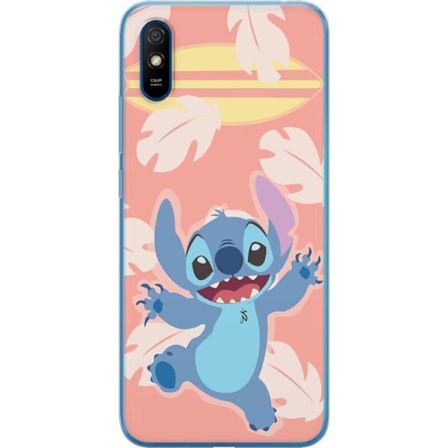 Kompatibel Mobilcover til Xiaomi Redmi 9A Glad illustration af Stitch der hopper foran lyserød baggrund med surfbræt
