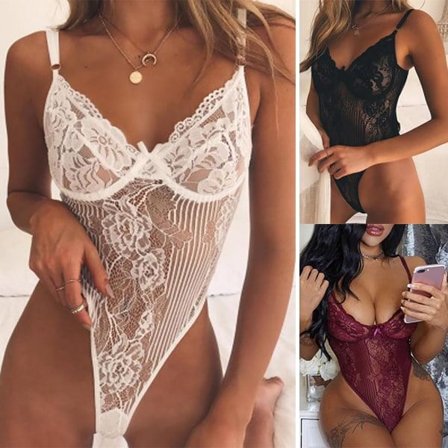 3ST Kvinners Sexy Undertøy V-hals Pyjamas Ett stykke Perspektiv Vinrød (3PCS) S