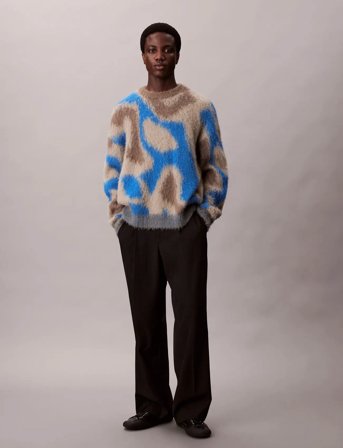 Calvin Klein Ls Pattern Brushed Alpaca Crewne - Blue - M