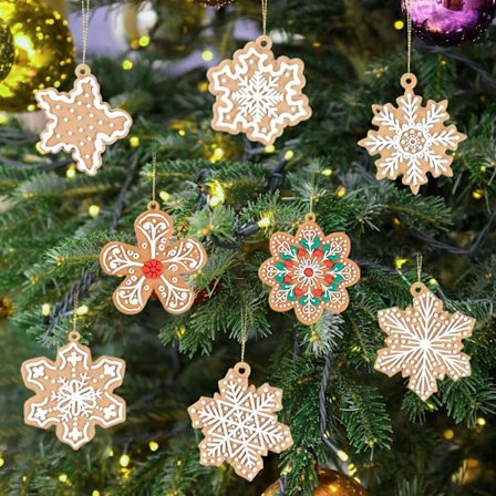 Brune snøfnugg juletrepynt, pepperkake julepynt, 12-delt interiørpynt til julebord