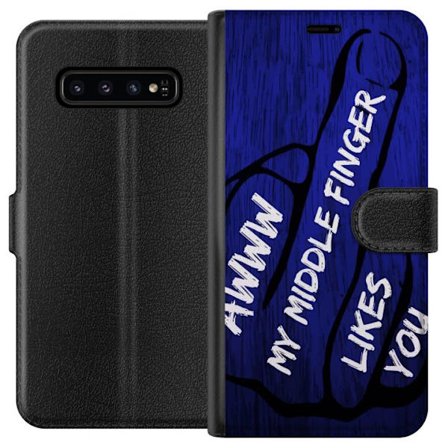 Kompatibelt Lommeboketui til Samsung Galaxy S10 Mørk typografisk illustrasjon med hjerteform og budskap om vennskap mot dyp blå tretekstur