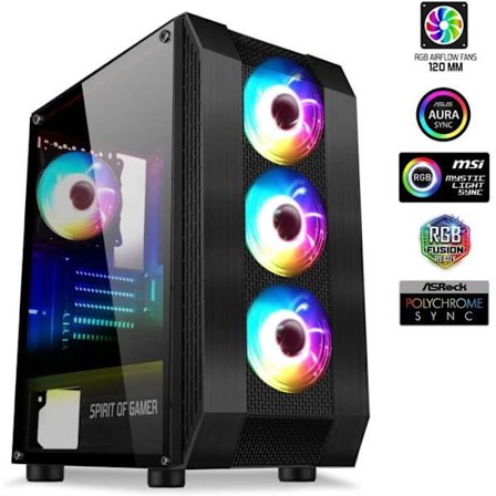 SPIRIT OF GAMER BOITIER PC ROGUE VI - Gamer - 4 LED ARGB-fläktar - MSI MYSTIC - ASROCK 3Pin - Svart - Härdat glas - ATX-format