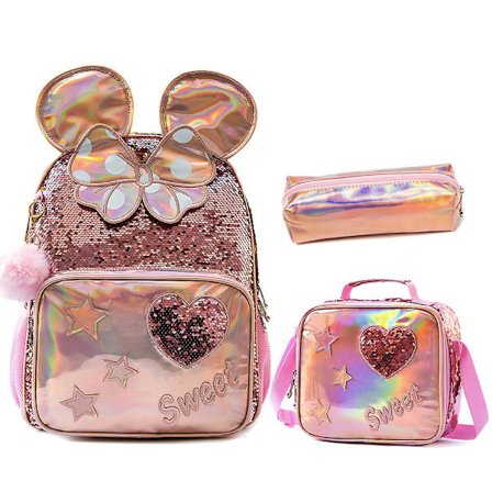 Skolväska för flickor Skolryggsäck 13" 16" Champagne Paljetter Skolmaterial för flickor Ryggsäckar för skolan Tonårsflickor C3pc 16 Storlek