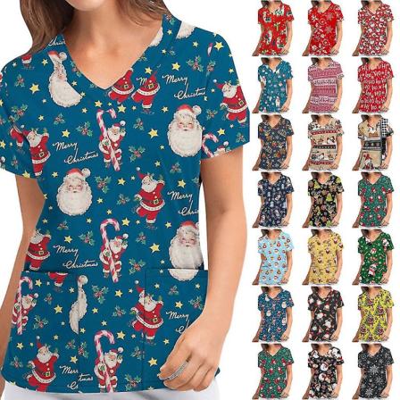 Jul Kvinnor Omvårdnad Uniform Scrub Kortärmad T-shirt Xmas Blus M Dark Blue
