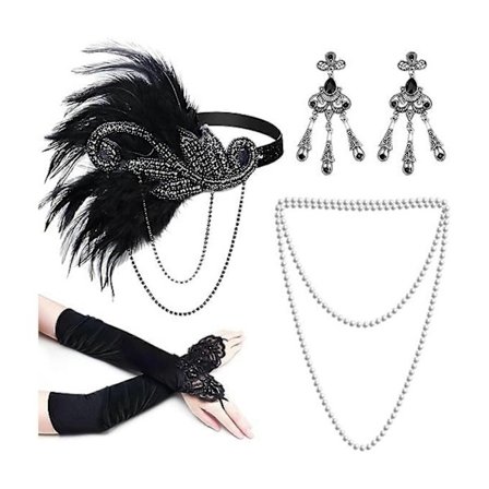 Vintage Flapper -asu 1920-luvun naisille, päähine, satiinikäsineet, korvakorut, kaulakoru, tanssiaistarvikesetti 23PESET687