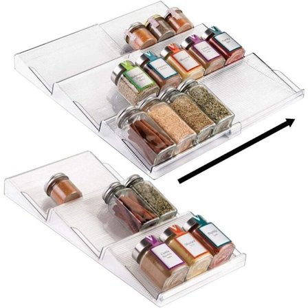 3-trinns krydderstativ - Utvidbart PVC-krydderstativ til kjøkkenskuffen - Skuff for oppbevaring av krydder, krydder, urter og mer. -