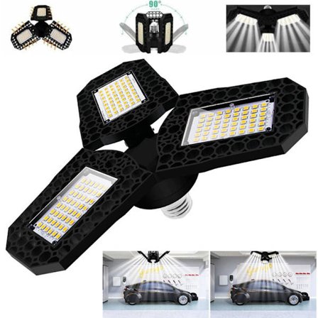 60W LED Garagebelysning, E27 Deformerbar Loftslampe med 3 Justerbare Paneler, Køligt Hvidt - til Garage Værksted Lager