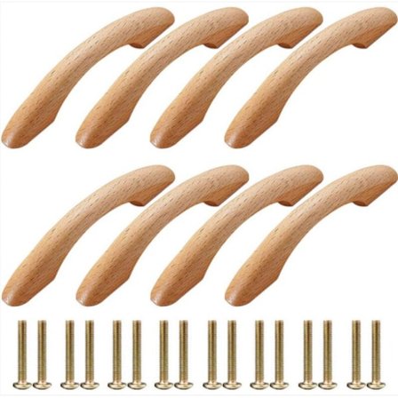 Trehåndtak for møbler, 8 stk, møbelhåndtak, dørhåndtak, skaphåndtak, bueformet håndtak, kjøkkenmøbelhåndtak, skuffetrekk med 16 skruer f
