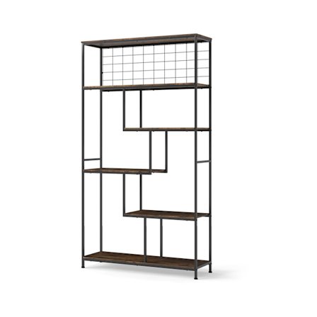Fristående bokhylla med 6 våningar och metallgaller, rustik brun