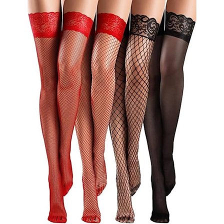ING Naisten asusteet - sukat - korkeat tukisukat - seksikkäät - 4 kalanverkkosukkahousut pitsikoristeella - yhtenäinen koko - 2 punaista + 2 mustaa