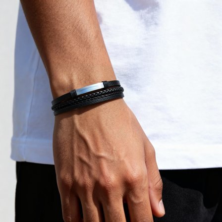 Brushed Silver-Tone Stainless Steel ID Bracelet for Men - Leather bracelets