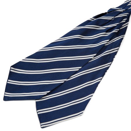 Silver-Tone Twin Stripe Navy Silk Cravat for Men - Cravats