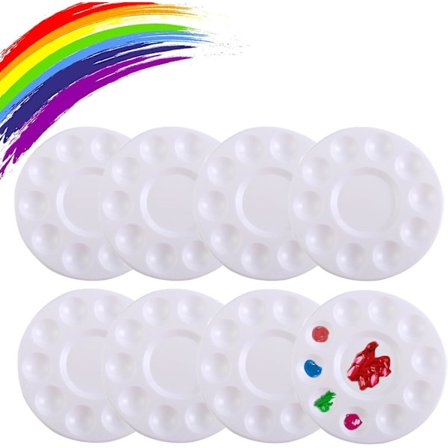 8 stk. Lille Rund Plast Palet til Akrylmaling, Kunstnere, Børn, Hvid