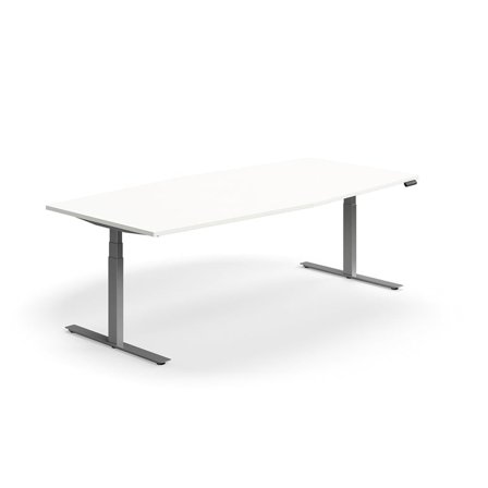 Standing meeting table QBUS, boat shaped, 2400x1200 mm, silver frame, white