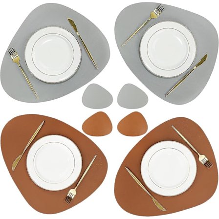 Set med 4 läderunderlägg och glasunderlägg, vattentäta tvättbara halkfria bordsunderlägg för inomhuskök matbord (brun/grå)