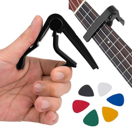 Gitarstemmer med klemme og 6 plektre, kompatibel med akustiske og elektriske gitarer