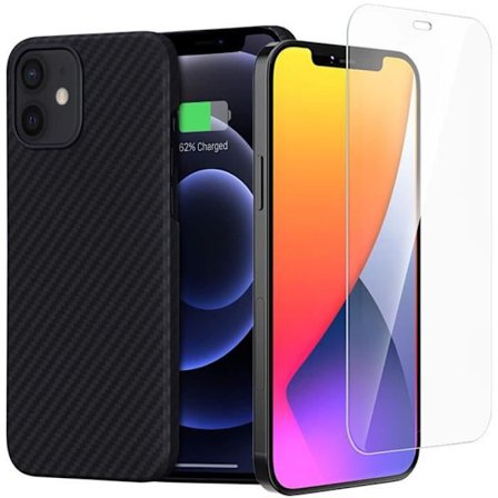 Coque iPhone 13 mini - E.F.Connection - TPU Kolfiber Svart - Ultra tunna - 2 Härdat glas - Skärm skydd