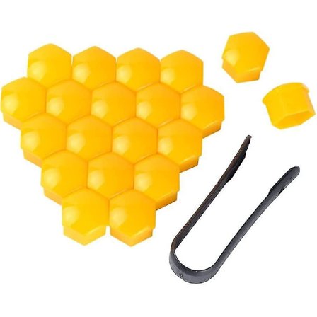 Deksel for hjulmuttere, universelle, ytre, bilnav, skruelokk, dekorasjon, erstatning, støvtett, gule, 17 mm, pakke med 20