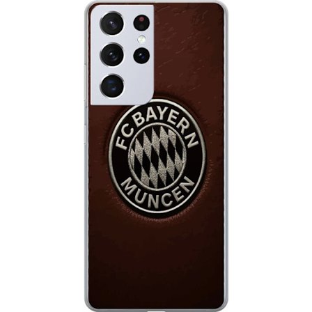 Samsung Galaxy S21 Ultra 5G Genomskinligt Skal FC Bayern Münchens emblem på brun läderbakgrund klassisk fotbollsmotiv perfekt för fans av tysk fot