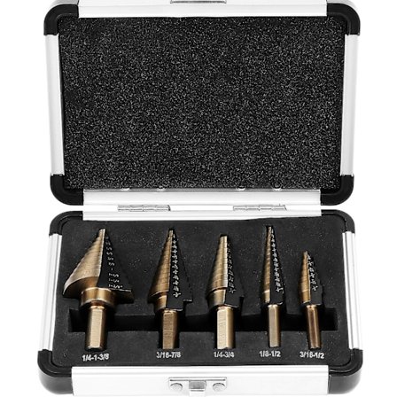 - Sett med 5 HSS-trinnbor, 50 størrelser, dobbelt kuttet, for tre, rustfritt stål, platemetall