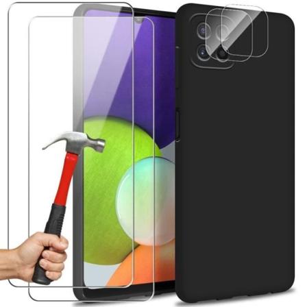 Etui til Samsung Galaxy A22 5G Silikone Sort + 2 hærdet glasskærm + 2 hærdet glas bagkamera Svart, klar