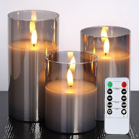 Glas LED-flammeløse lys, batteridrevne lys, søjlelys batteridrevne med fjernbetjening og timer, elektriske lys, voks+gråt glas, sæt om-FF-
