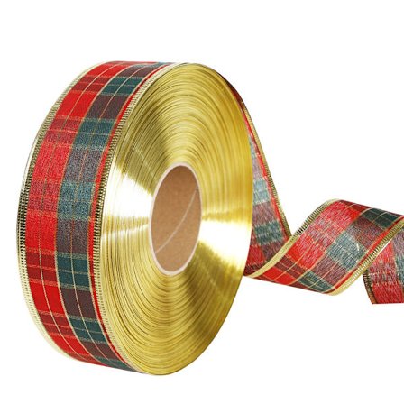 5-pack Julband - Rödgrön Rutiga Band - 50mm x 2m Varje Rulle - Guldtrådskant