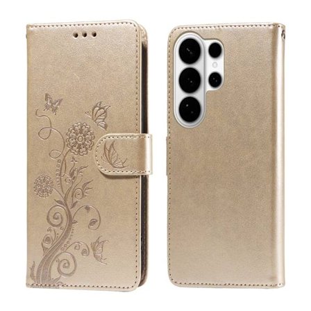 Samsung Galaxy S26 Ultra Plånboksfodral Konstläder Blomtryck Ställ - Guld