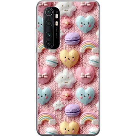 Yhteensopiva Puhelinkuori Xiaomi Mi Note 10 Lite Pastellimotiiivi sydämillä, pilvillä, sateenkaarilla ja makaronseilla vaaleanpunaisella taustalla sul