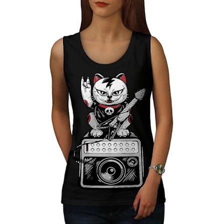 Cat Kitten Rock Star Dam Blacktank Top