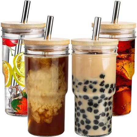 Glass Tumbler med Bambuslokk og Sugerør 4-pakning 650ml Iste Kaffe Tumbler Gjenbrukbar Boba Kopp Smoothie Kopper Bred Munn Mason Jar Drikkeglass Reise