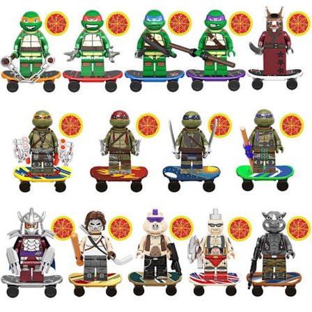 14 erilaista Ninja Turtles -rakennuspalikkaa aseilla ja rullalaudalla