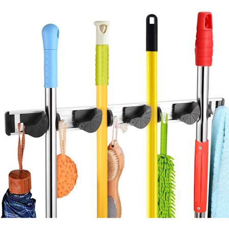 Seinälle kiinnitettävä säilytysteline, monitoiminen moppiteline, seinälle kiinnitettävä luutapidike