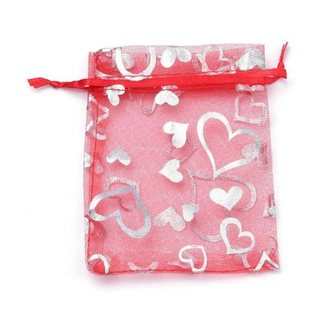 25 st. Handsydda Organza påsar c.a 7x9cm Röda med silver hjärter