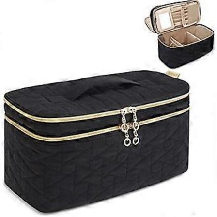 Stor Makeup Organizer Taske, Dobbeltlags Rejse Kosmetiktaske med Akrylspejl, Makeup Taske med Justerbare Rumdelere, Sort