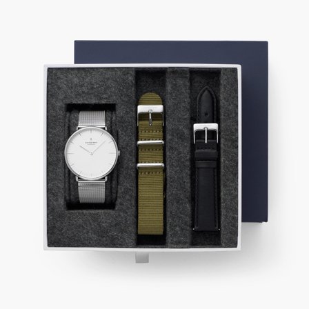 Nordgreen Minimalistist Slim Men's Watch - White Dial - Silver Case - Silver Mesh / Olive Green Nylon / Black Leather 40mm Straps Native White Dial