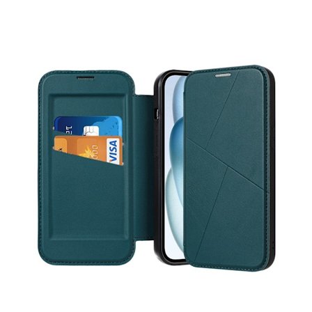 Etui til iPhone 16e grønt lær med dobbel kortspor og magnet