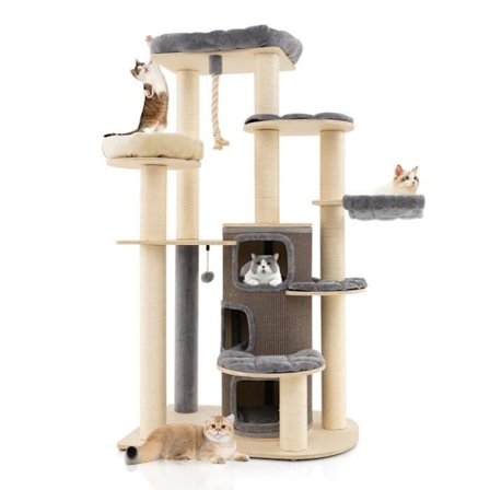 COSTWAY Suuri kissapuu 173 cm - 3 asuntoa, 2 ahventa, riippumatto - Cat Tower - raaputustolppa Sisalpylväät, kevätpallo - harmaa