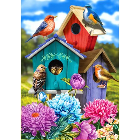 Färgglada fågelholkar Vårträdgårdsflagga 30 x 45 cm
