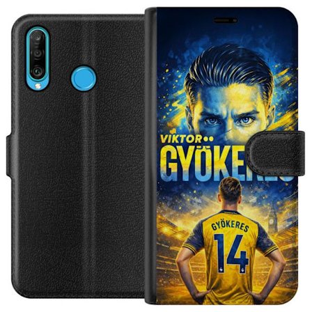 Kompatibel Tegnebogsetui til Huawei Huawei P30 lite Viktor Gyökeres fodboldplakat i gul og blå farve med dramatisk stadionbaggrund, sportsillustrati