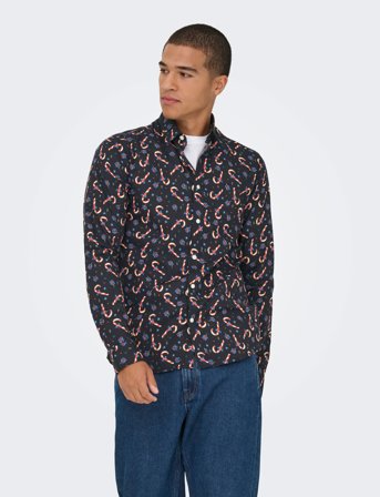 ONLY & SONS Onself Xmas Aop Slim Poplin Ls Shirt - Black - XS