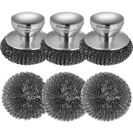 Stålbørste 3 børster + 3 puter Metallskrubber med håndtak Avtakbar med trådsvamp Rustfri stålbørste for rengjøring av gryter og panner Grillvask