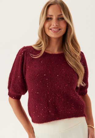 Pieces - Pcmesva Ss Sequin Tie Back Knit - Beet Red Detail:tone In Tone S - Kläder - - Bubbleroom